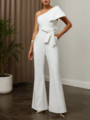 Women White Bow One Shoulder Wide-Leg Jumpsuit
