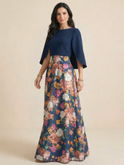 Navy Blue A-Line Crew Neck Satin Two-piece Print Flower Mother of the Brides dress