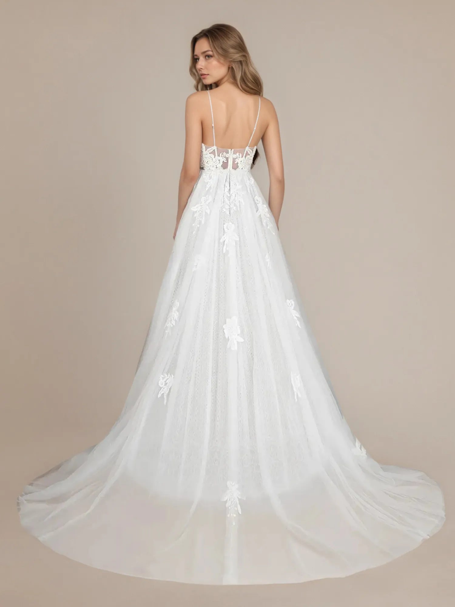 White A-Line Spaghetti Straps Sequins Tulle Wedding Dress