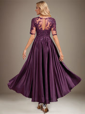 A-line Scoop Illusion Asymmetrical Stretch Satin Lace Mother of the Bride Dress With Sequins