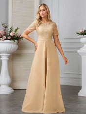 Jumpsuits Illusion Scoop Floor-Length Lace Chiffon Evening Dress With Overskirt Sequins