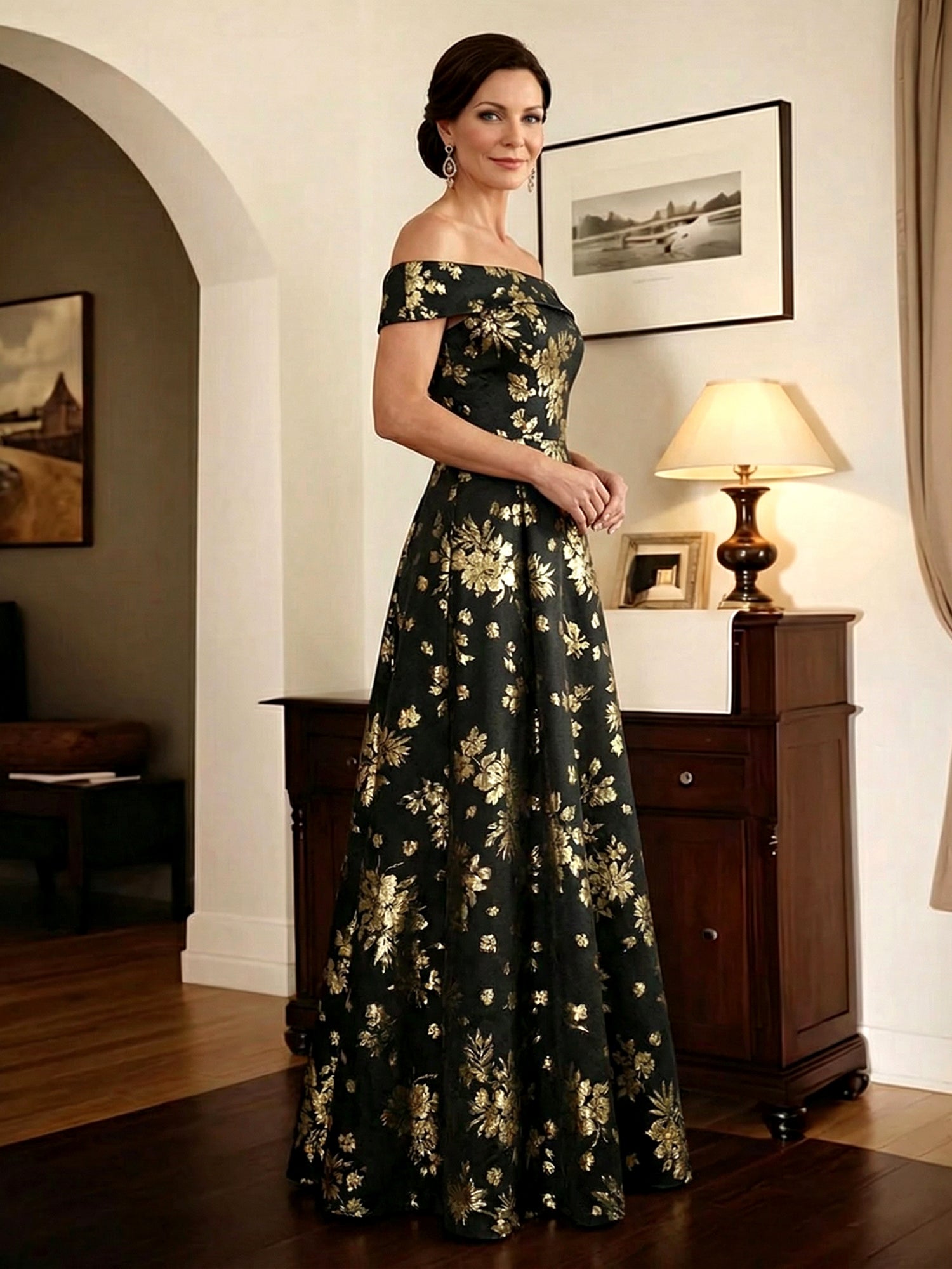 Elegant Black Off-The-Shoulder A-Line Mother of the Bride Dress with Gold Floral Jacquard