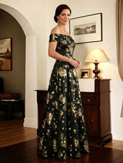 Elegant Black Off-The-Shoulder A-Line Mother of the Bride Dress with Gold Floral Jacquard