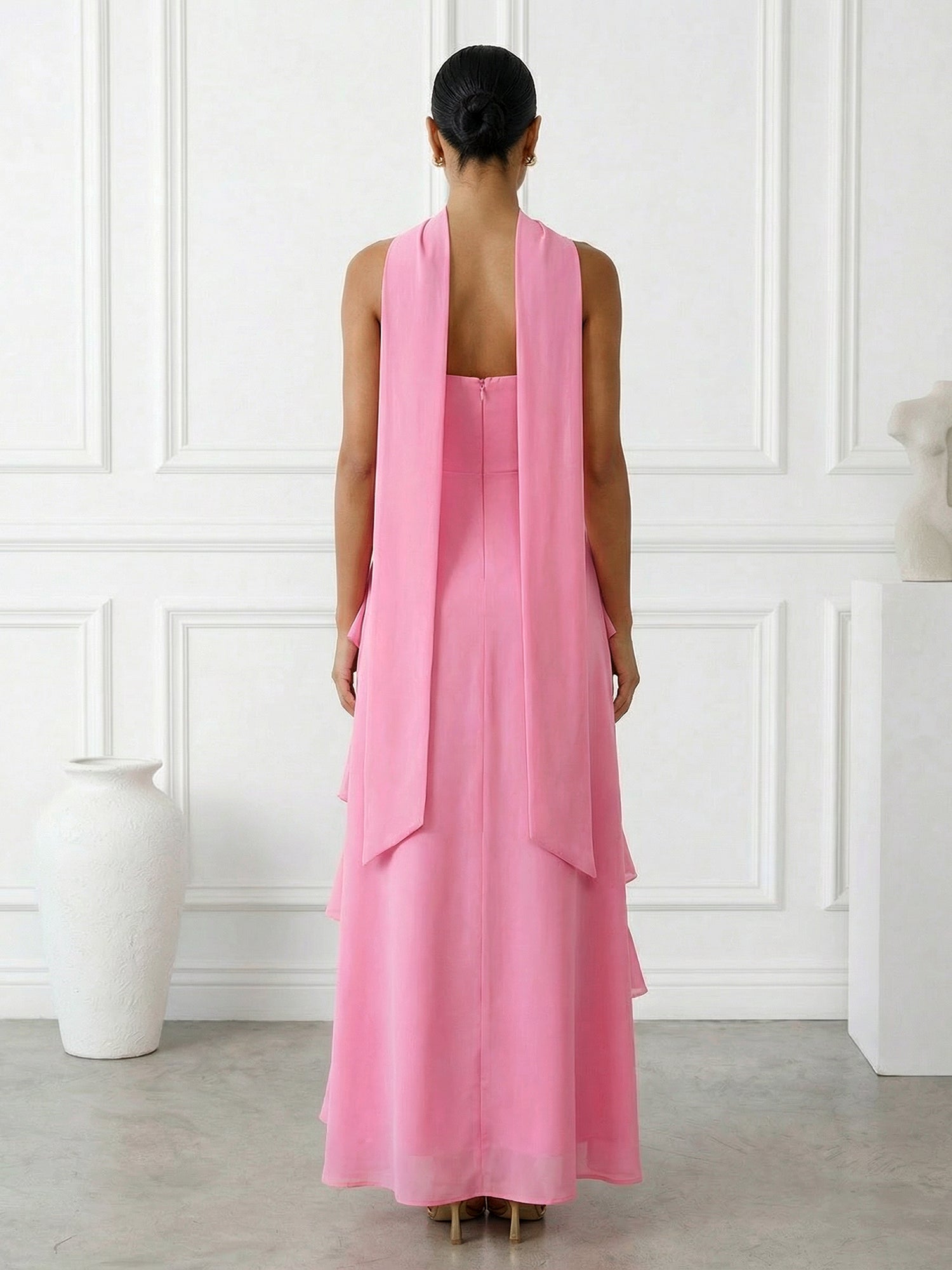 Hot Pink Strapless A Line Tiered Maxi Dresses with Scarf