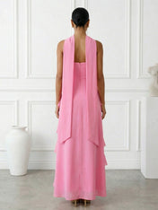 Hot Pink Strapless A Line Tiered Maxi Dresses with Scarf