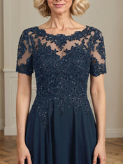 A-line Scoop Illusion Floor-Length Chiffon Lace Mother of the Bride Dress With Sequins Beading
