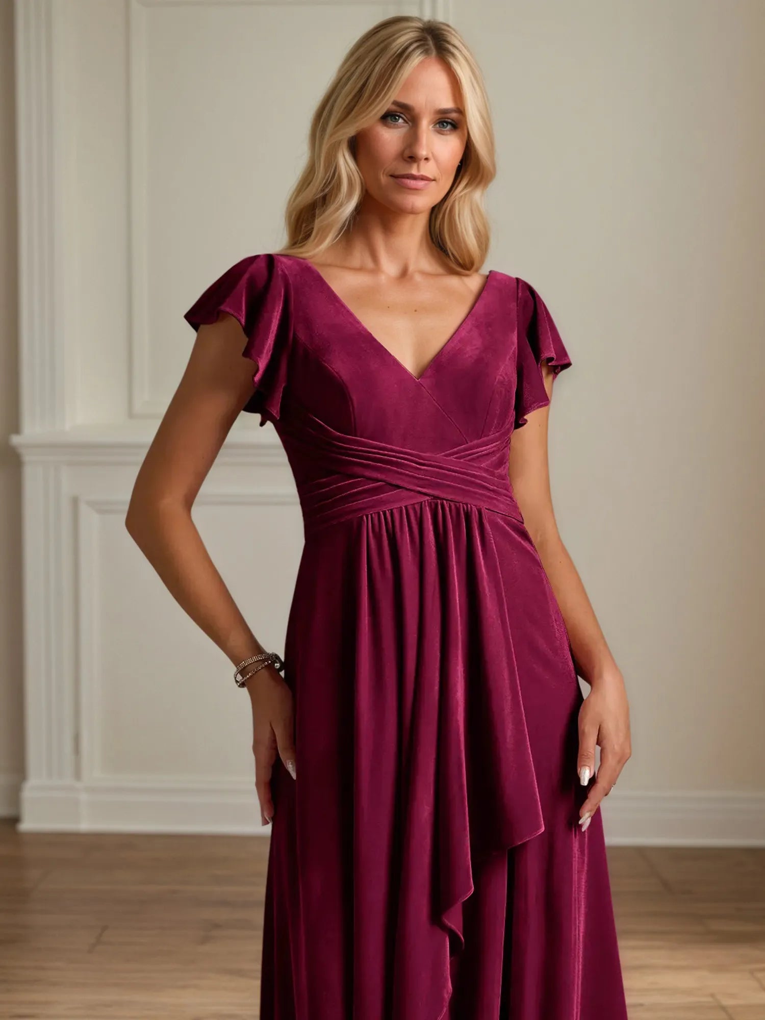 A Line V Neck Short Sleeve Velvet Mother of the Bride Dress With Ruffles