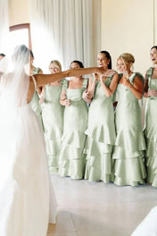 Light Blue Straps with Bows Mermaid Satin Tiered Long Bridesmaid Dress