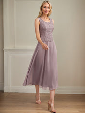 A-line Scoop Tea-Length Lace Chiffon Mother of the Bride Dress