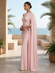 Pink One Shoulder Mermaid Pleat Maxi Dress with Ruffle