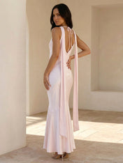 Pink V Neck Maxi Dresses with Pleat Mermaid Scarf Evening Dress