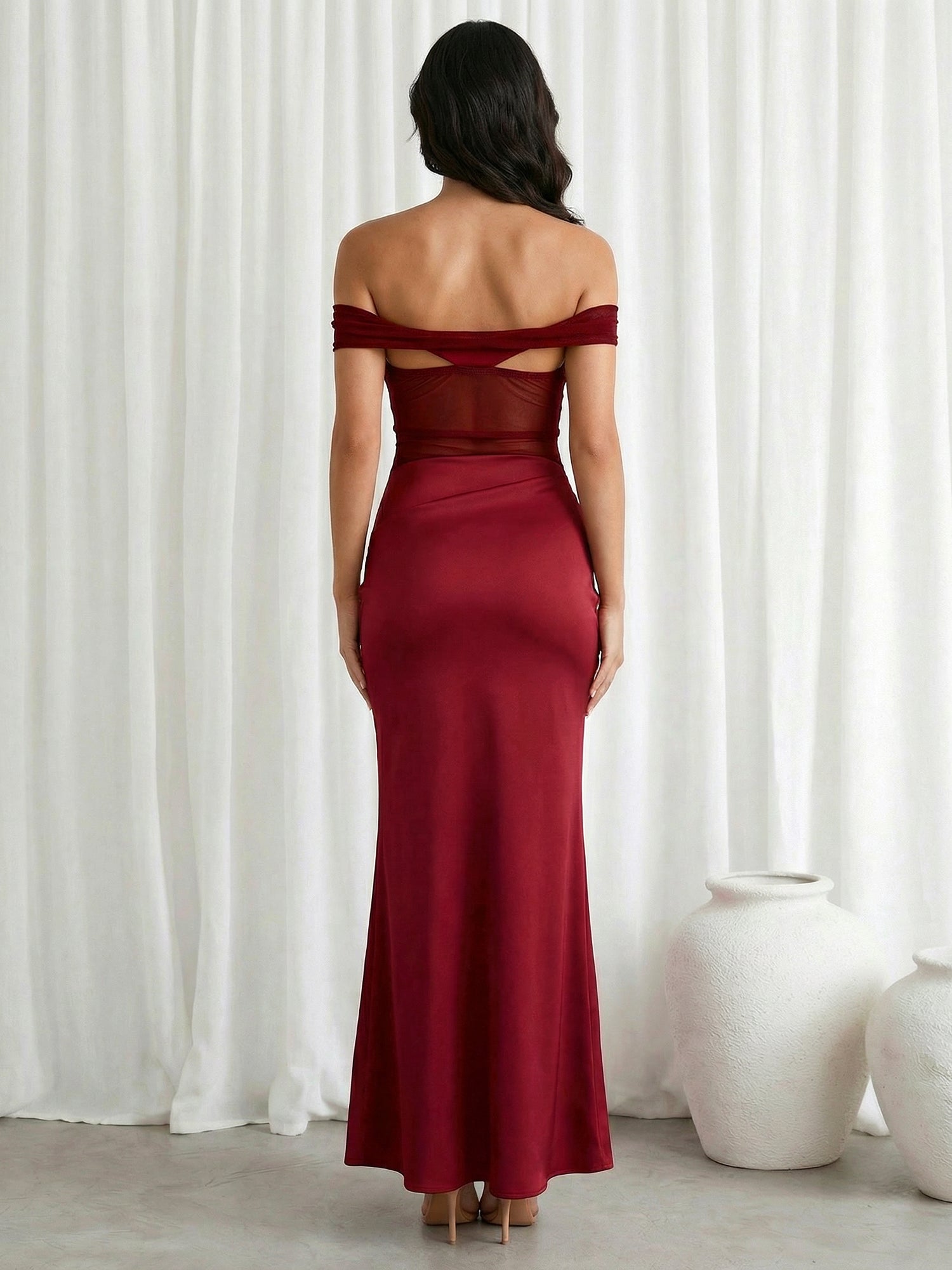 Burgundy Off the Shoulder Satin Mermaid Maxi Dresses