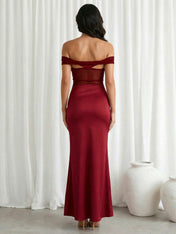 Burgundy Off the Shoulder Satin Mermaid Maxi Dresses