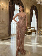 Champagne Gold Crystal-Embellished Corset Long Prom Dress with Slit