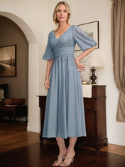 A-line V-Neck Tea-Length Lace Chiffon Mother of the Bride Dress With Pleated