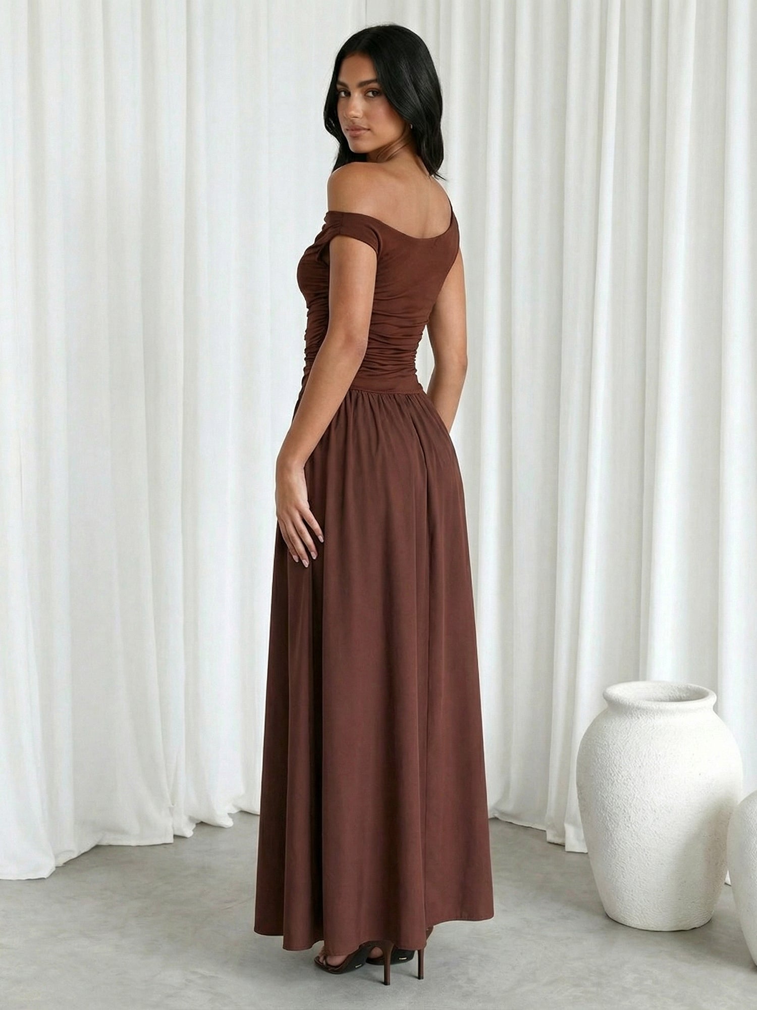 Brown One Shoulder A Line Floor Length Maxi Dress with Pleat