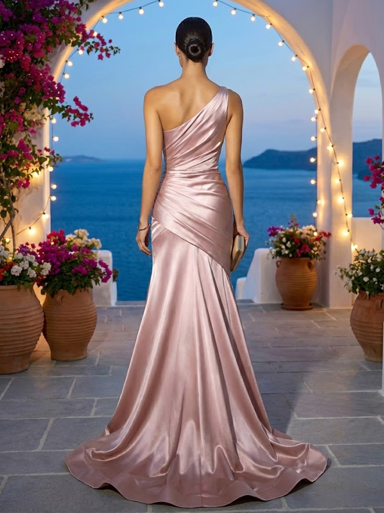 Dusty Pink One Shoulder Evening Dress with Pleat Mermaid Maxi Dress
