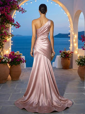 Dusty Pink One Shoulder Evening Dress with Pleat Mermaid Maxi Dress