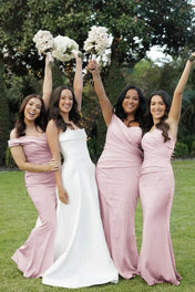 Mermaid Off the Shoulder Champagne Elastic Satin Long Bridesmaid Dresses