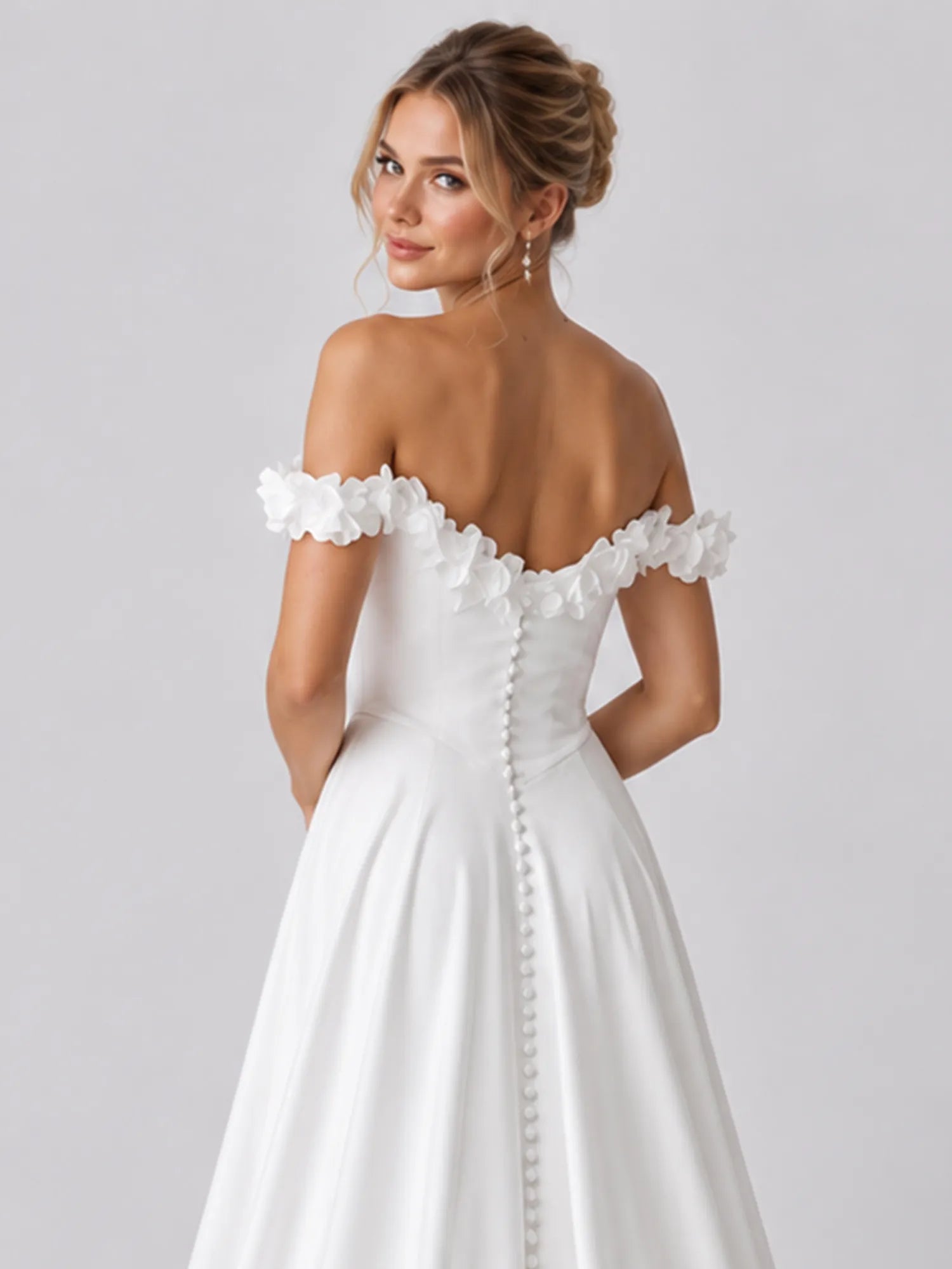 White Off-the-Shoulder Beaded Floral Applique Wedding Dress
