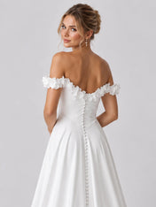 White Off-the-Shoulder Beaded Floral Applique Wedding Dress