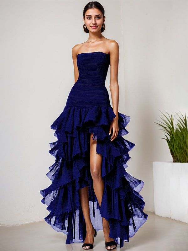 Chic Dark Green Strapless Tulle Tiered Long Formal Dress