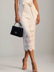 White Bow Lace V Neck Short Sleeve Sheath Midi Dress