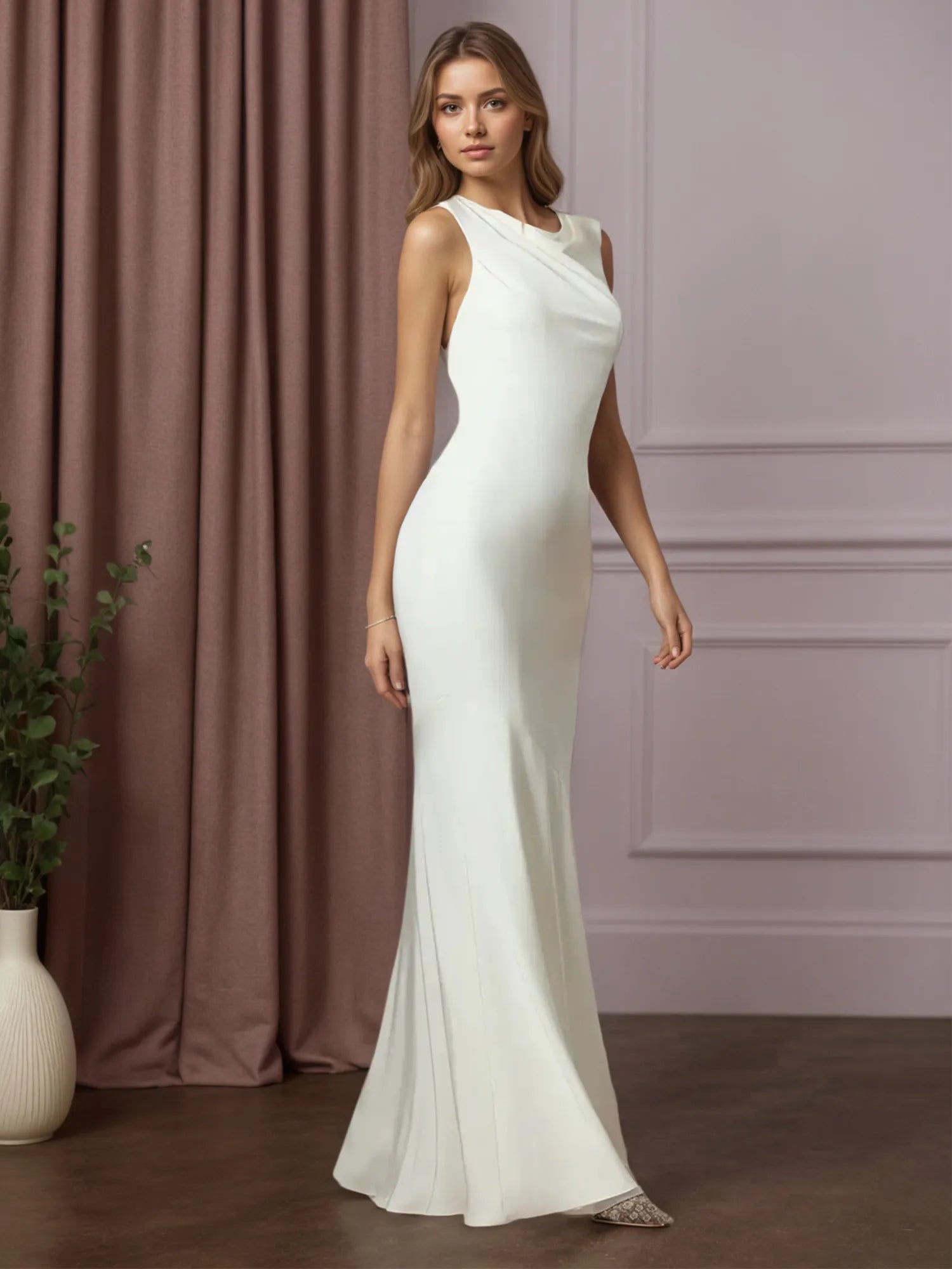 White Mermaid Boat Neckline Stretch Crepe Wedding Dress