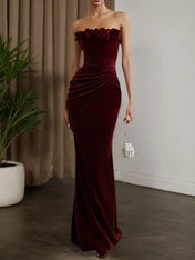 Wine Red 3D Floral Velvet Strapless Sleeveless Sheath Maxi Dress