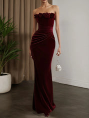 Wine Red 3D Floral Velvet Strapless Sleeveless Sheath Maxi Dress