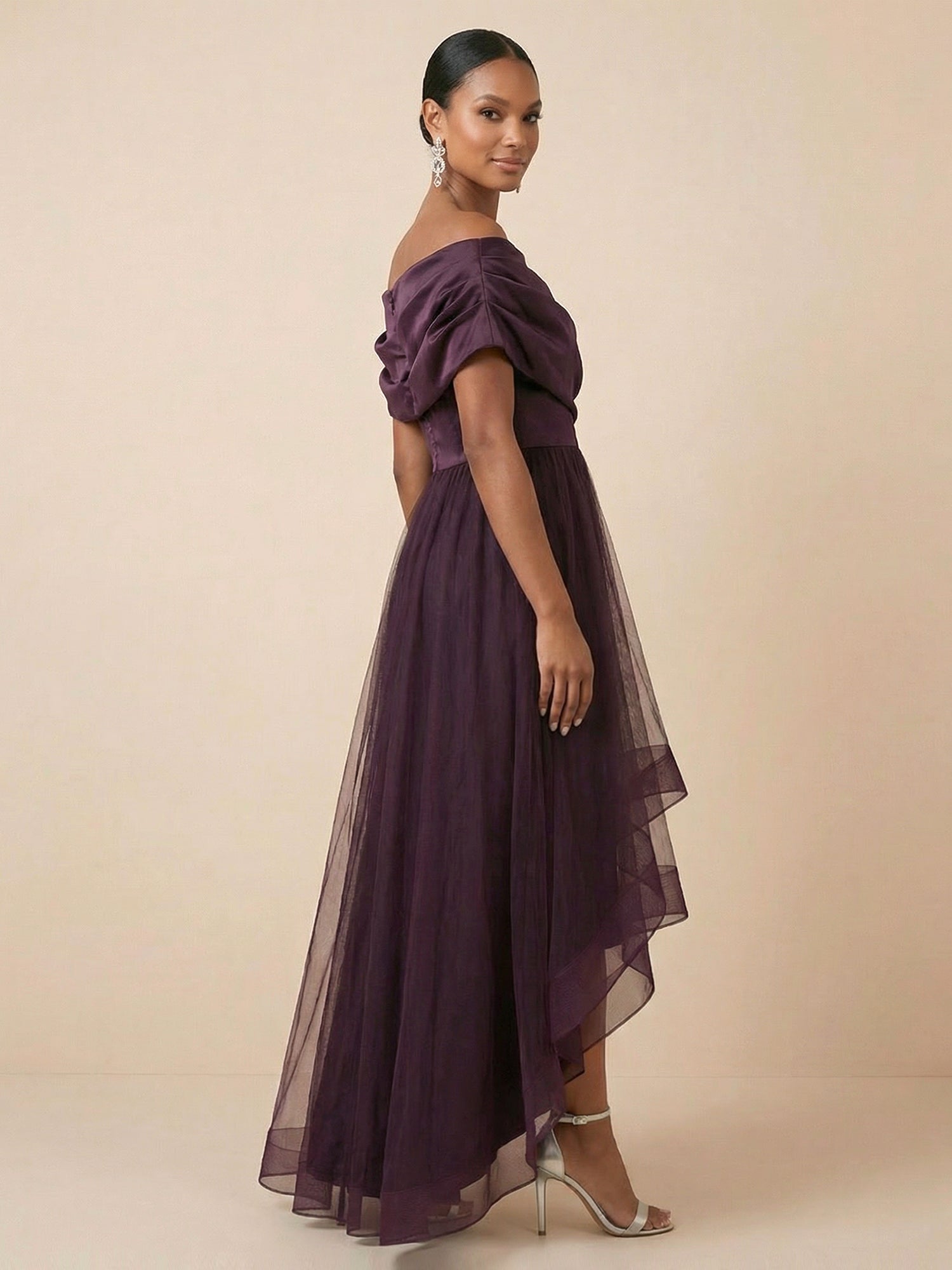 Plum Tulle Off-Shoulder Evening Dress with High-Low Hemline