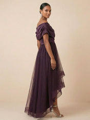 Plum Tulle Off-Shoulder Evening Dress with High-Low Hemline