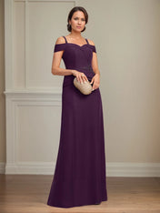A Line Cold Shoulder Floor Length Chiffon Mother of the Bride Dress With Beading Sequins