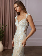 White Champagne Mermaid Sweetheart Sequins Tulle Wedding Dress