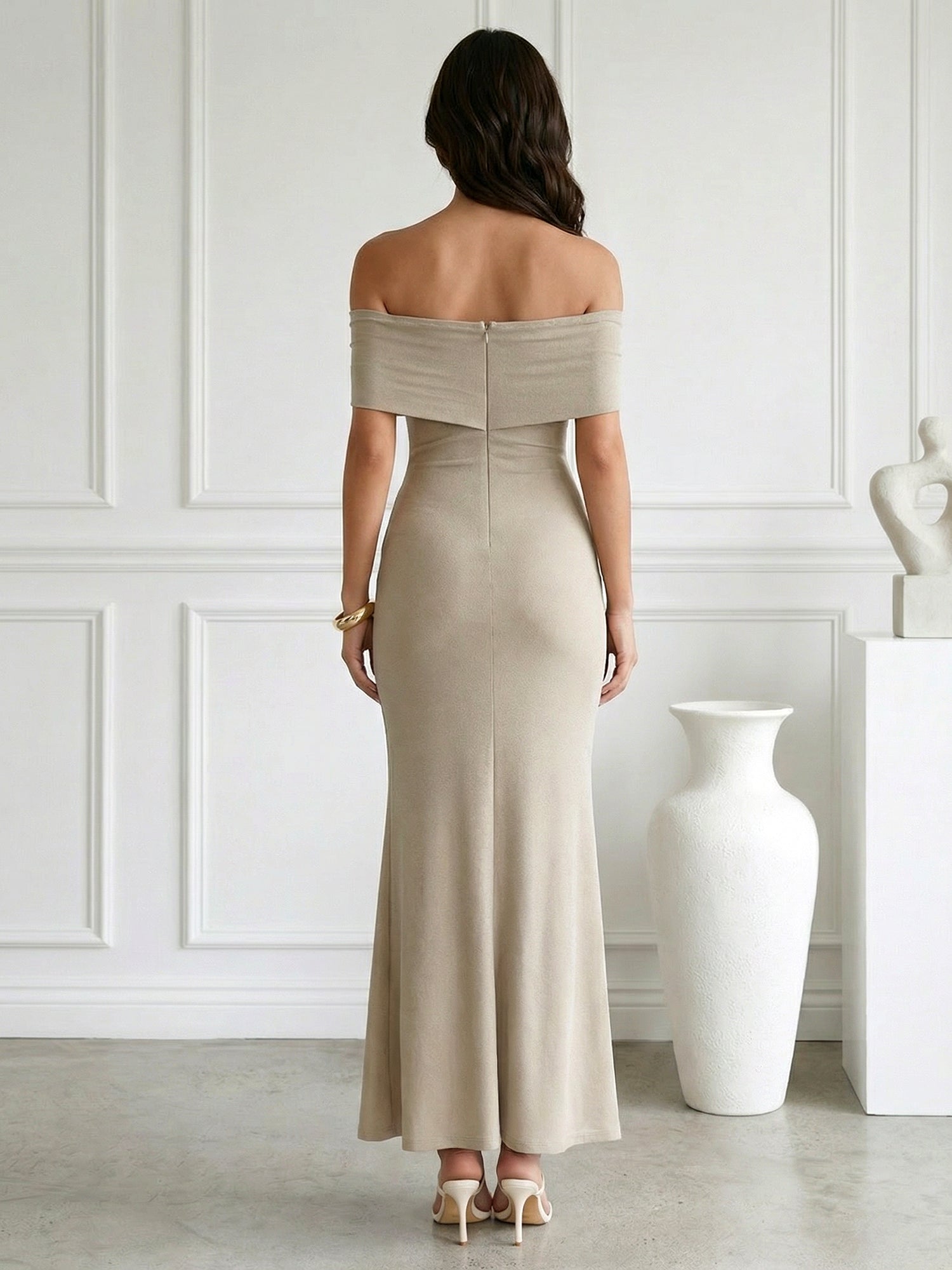 Taupe Strapless Satin Mermaid Maxi Dress with Pleat