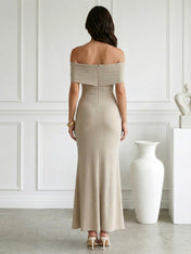 Taupe Strapless Satin Mermaid Maxi Dress with Pleat