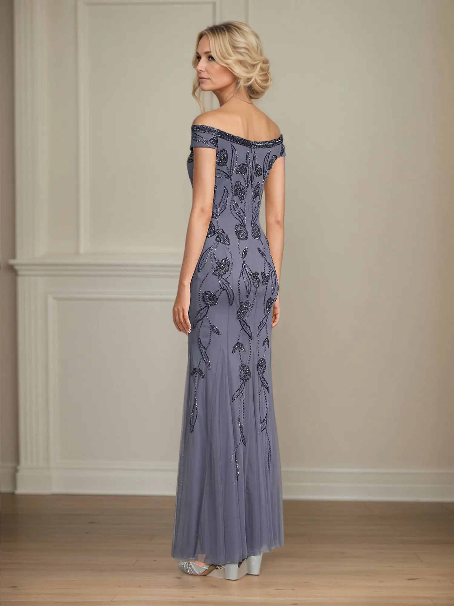 Sheath/Column Off The Shoulder Floor Length Tulle Mother of the Bride Dress With Beading