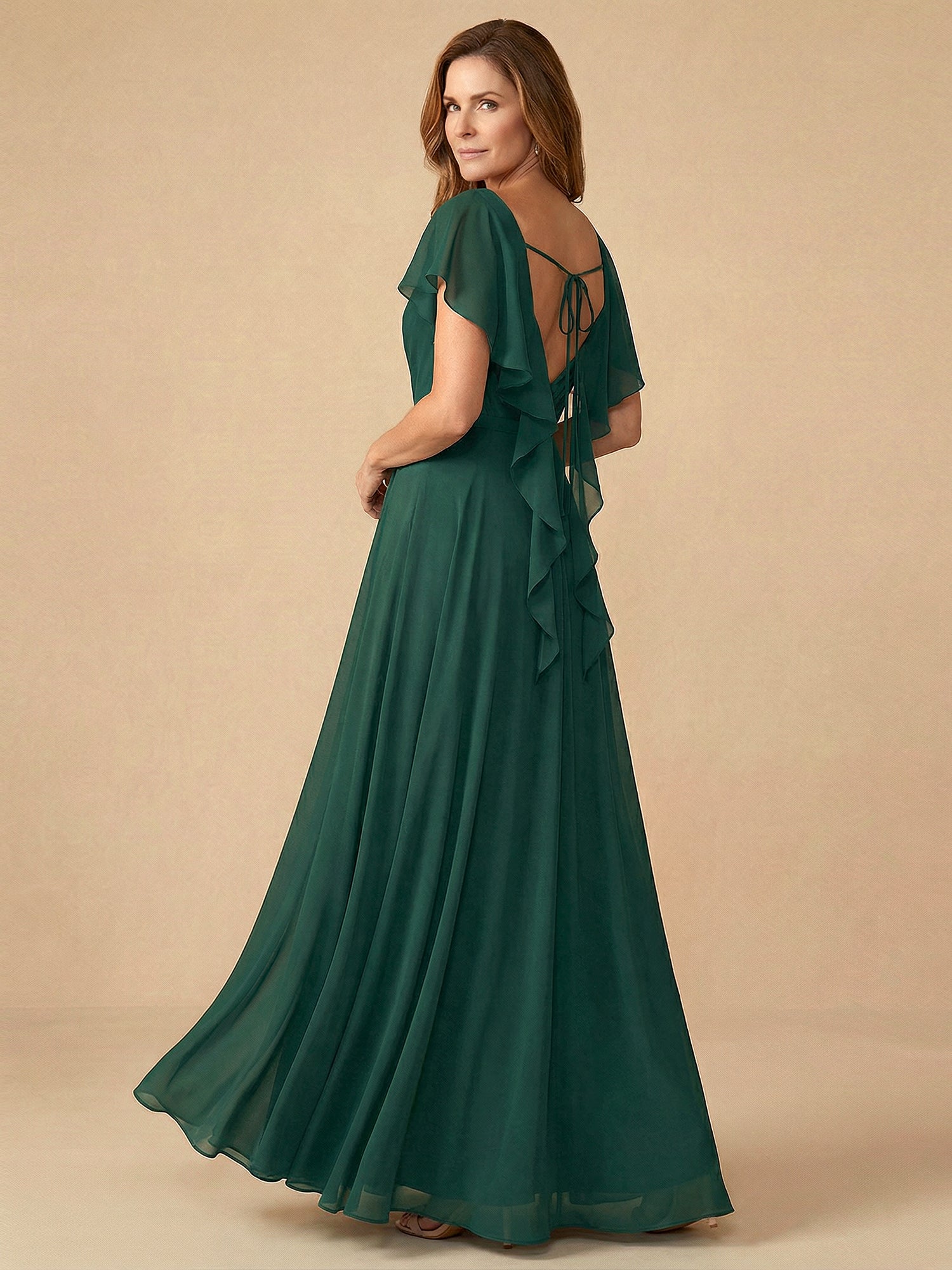 Flare Sleeves V Neck Ruffle Chiffon Mother of the Bride Dress with Pleat