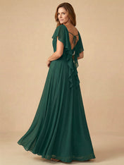 Flare Sleeves V Neck Ruffle Chiffon Mother of the Bride Dress with Pleat