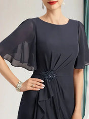 A-line Scoop Floor-Length Chiffon Mother of the Bride Dress With Cascading Ruffles Beading Sequins