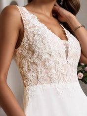 White A-Line Sleeveless Sequins Chiffon Wedding Dress