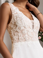 White A-Line Sleeveless Sequins Chiffon Wedding Dress