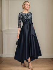 A-line Scoop Illusion Asymmetrical Satin Lace Mother of the Bride Dress With Bow