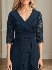 A-line Collared V-Neck Floor-Length Lace Chiffon Mother of the Bride Dress With Sequins Cascading Ruffles