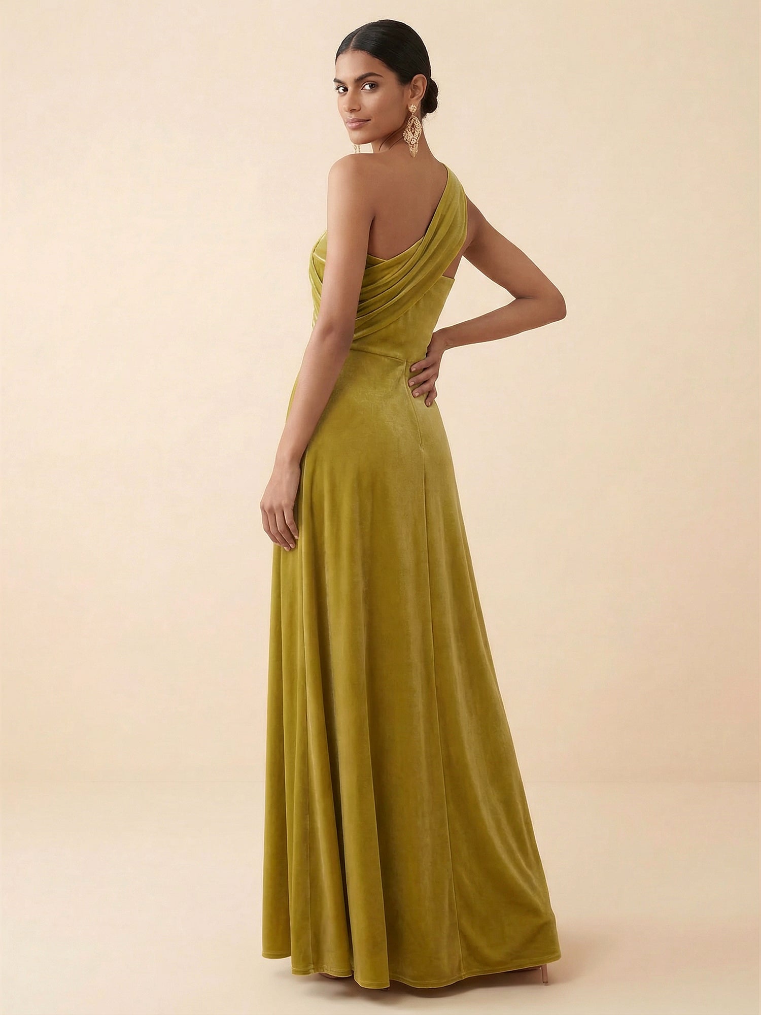 One-Shoulder Velvet Ruched A  Line Evening Gown