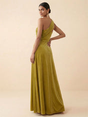 One-Shoulder Velvet Ruched A  Line Evening Gown