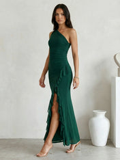 Green One Shoulder Mermaid Satin Slit Maxi Dress with Ruffle