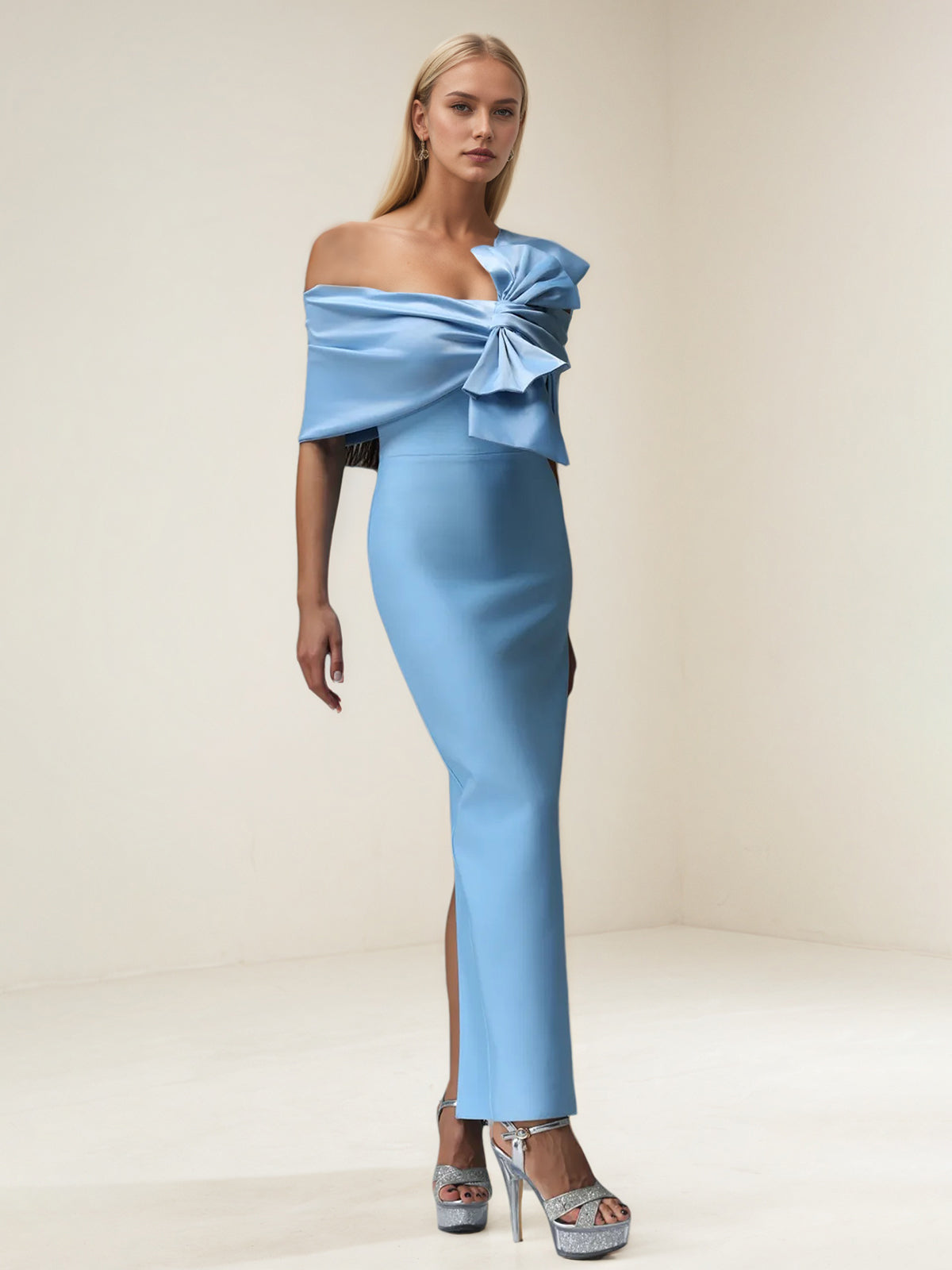 Blue Off-The-Shoulder Bow Bandage Maxi Dress