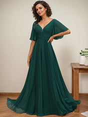 A-line V-Neck Floor-Length Chiffon Mother of the Bride Dress With Sequins Appliques Lace Pleated