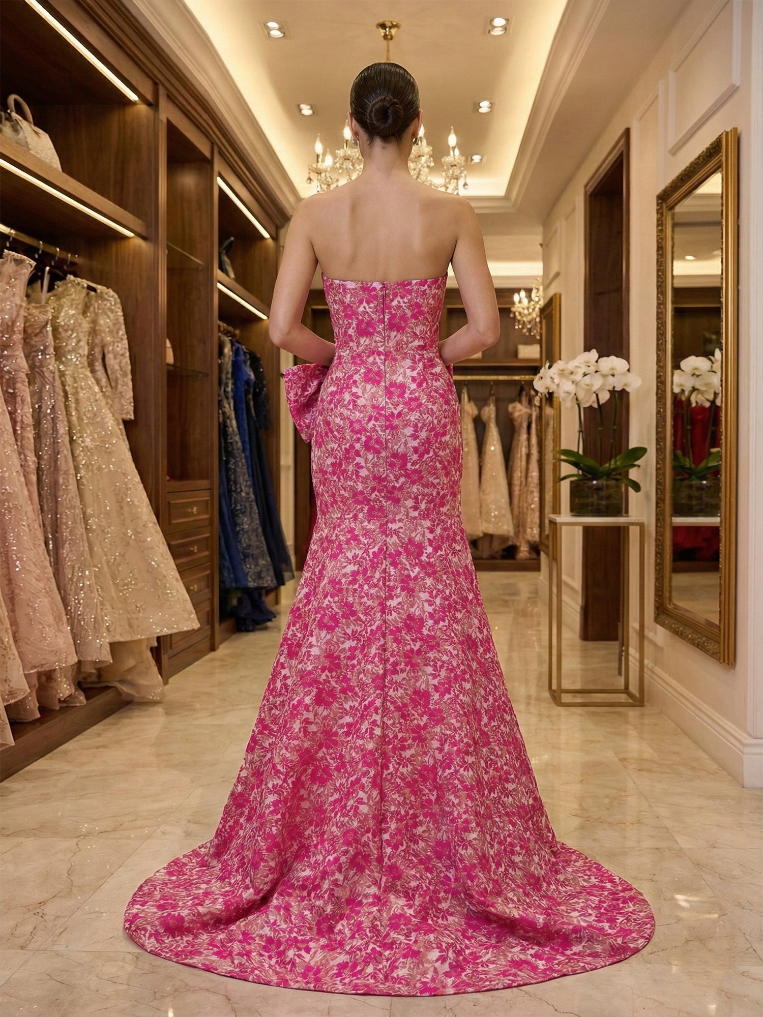 Hot Pink Floral Brocade Strapless Oversized Bow Prom Dress with Slit